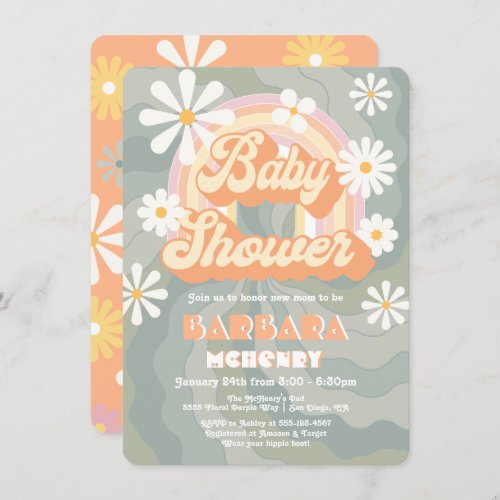 Retro Hippie 70s 60s Rainbow Daisy Baby Shower Invitation