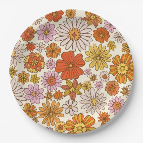 Retro Hippie 70s Floral Pattern Party Paper Plates