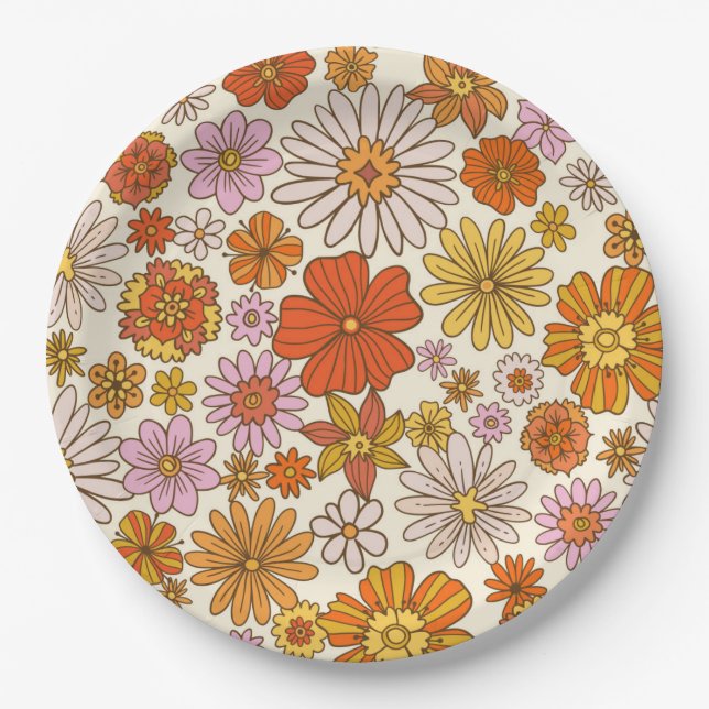 Retro Hippie 70s Floral Pattern Party Paper Plates (Front)