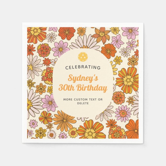 Retro Hippie 70s Floral Pattern Pickleball Party Napkins (Front)