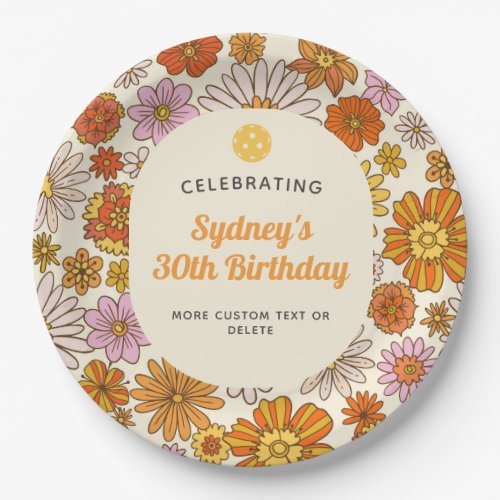 Retro Hippie 70s Floral Pattern Pickleball Party Paper Plates