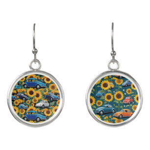 Retro Hippie Beetle Bug Car and Sunflowers Earrings