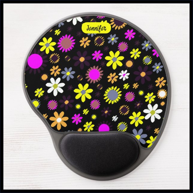 Retro Hippie Black Floral Flower Child Gel Mouse Pad (Creator Uploaded)