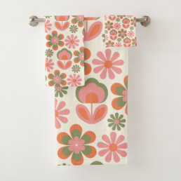 Retro Hippie Boho 70s Flower Pattern Pink Green Bath Towel Set