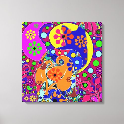 Retro Hippie Cat Flower Power Colorful Canvas Print