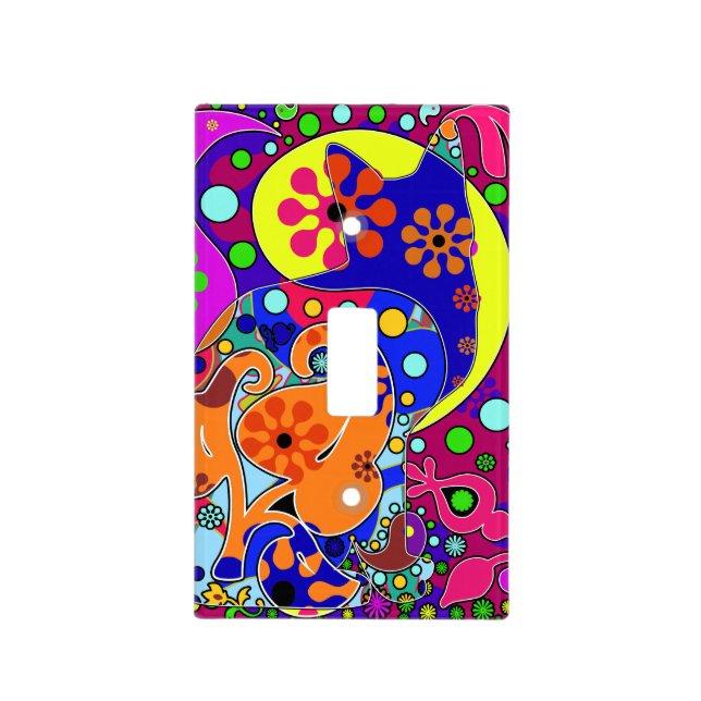 Retro Hippie Cat Flower Power Paisley Light Switch Cover (Front)