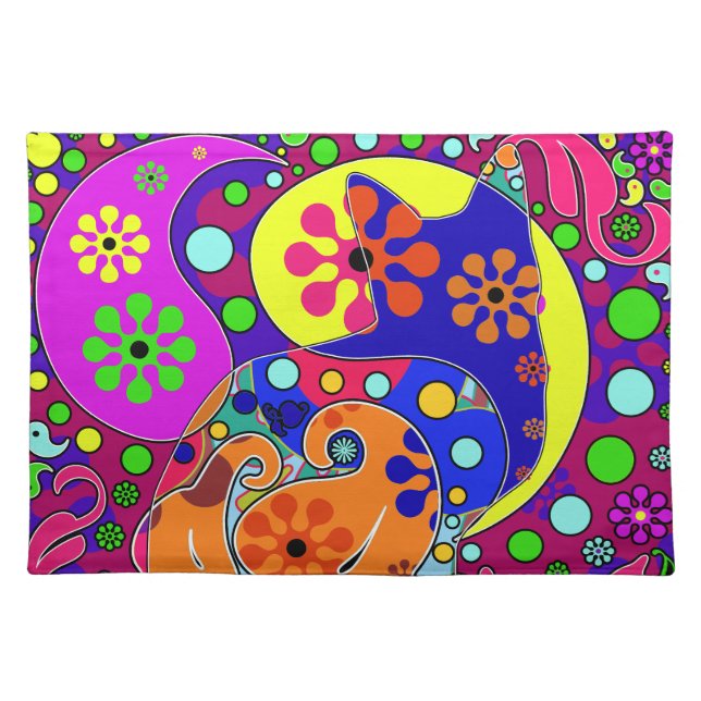 Retro Hippie Cat Flower Power Paisley Pop Art Cloth Placemat (Front)