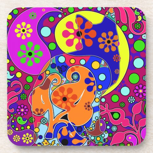 Retro Hippie Cat Flower Power Pop Art Coasters