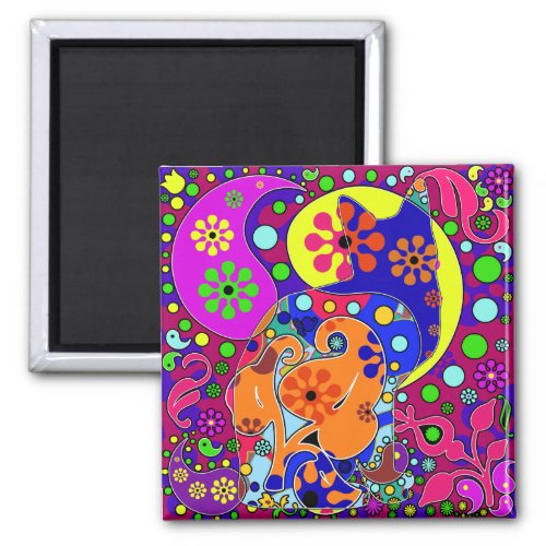 Retro Hippie Cat Flower Power Pop Art Magnet