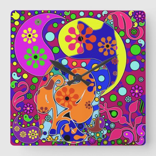 Retro Hippie Cat Flower Power Pop Art Wall Clock