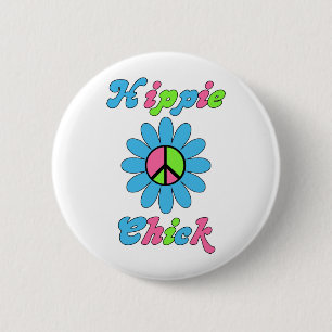 Retro Hippie Chick Peace Flower Pinback Button