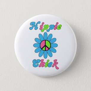 Retro Hippie Chick Peace Flower Pinback Button