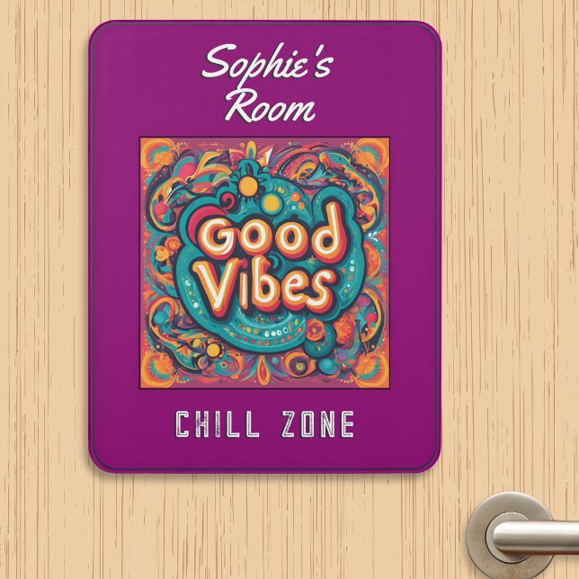 Retro Hippie Chill Zone Good Vibes Student Room Door Sign (A colorful and stylish door sign, to personalize with a name. 'Good Vibes' and 'Chill Zone' words)