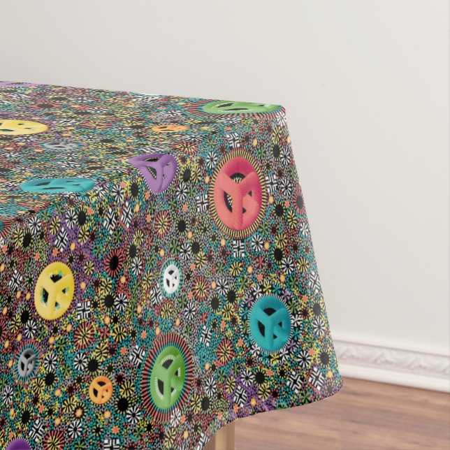 Retro Hippie Colorful Peace Sign 60s Pattern Tablecloth (In Situ)