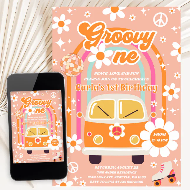 Retro Hippie Daisy Rainbow Groovy One 1st Birthday Invitation | Zazzle