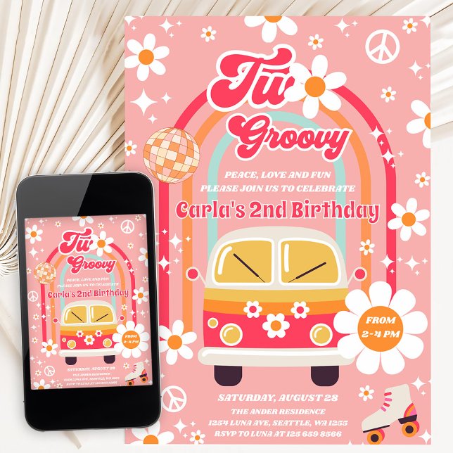 Retro Hippie Daisy Rainbow Two Groovy 2nd Birthday Invitation (Creator Uploaded)