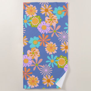 Retro Hippie Flower Pattern in Blue Beach Towel
