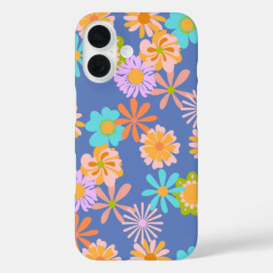 Retro Hippie Flower Pattern in Blue  iPhone 16 Case