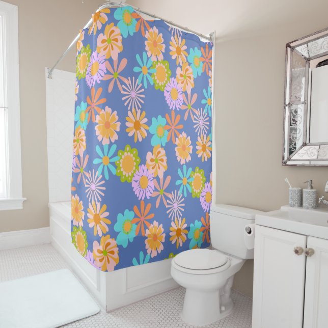 Retro Hippie Flower Pattern in Blue  Shower Curtain (In Situ)