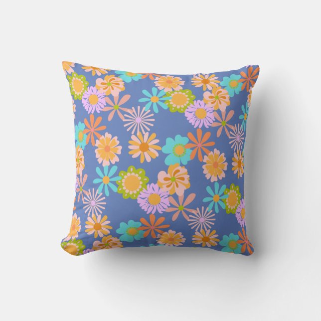 Retro Hippie Flower Pattern in Blue Throw Pillow (Front)