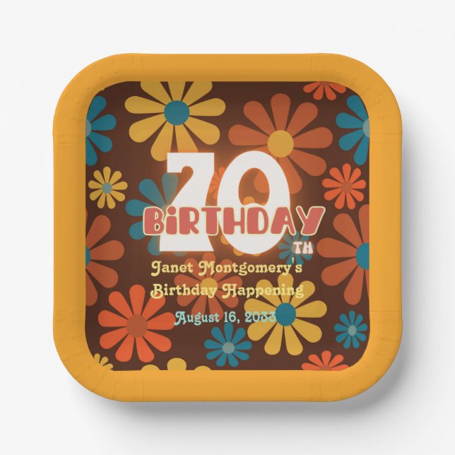 Retro Hippie Flower Personalized 70th Birthday  Paper Plates (Front)