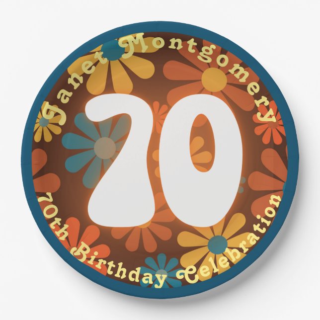 Retro Hippie Flower Power 70th Birthday  Paper Plates (Front)