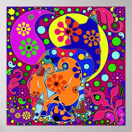 Retro Hippie Flower Power Colorful Cat Poster