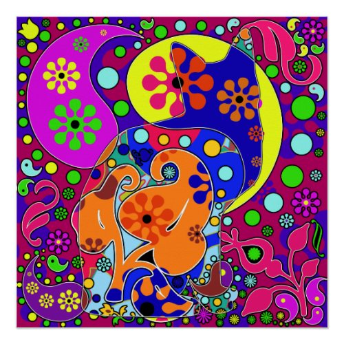 Retro Hippie Flower Power Paisley Cat Pop Art Poster