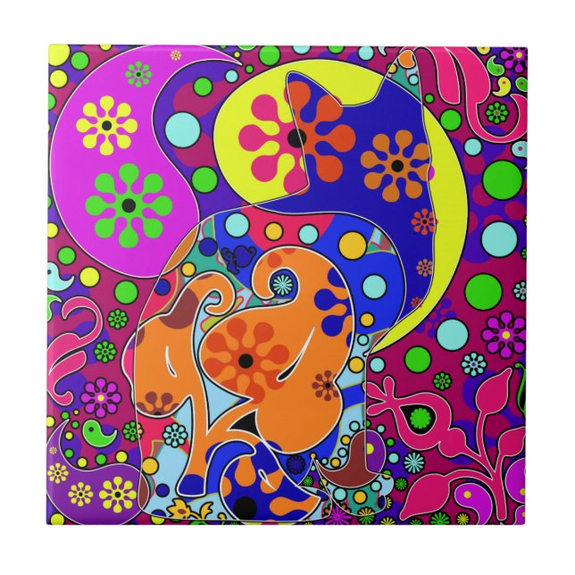 Retro Hippie Flower Power Paisley Cat Pop Art Tile (Front)