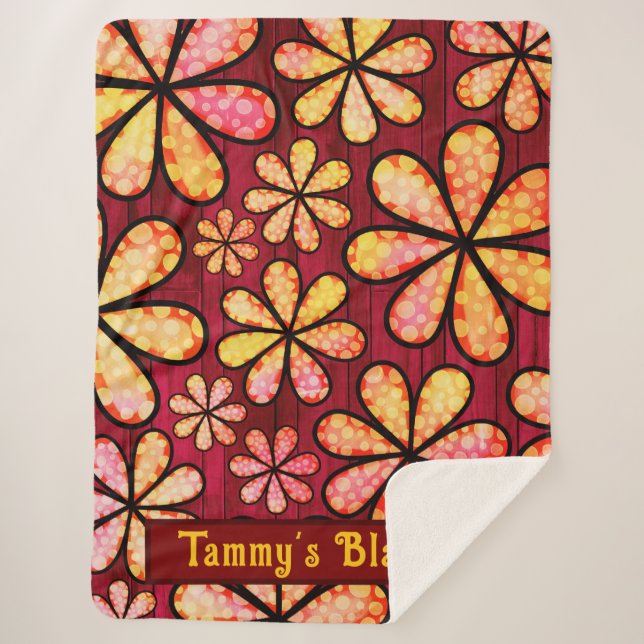Retro Hippie Flower Power with Red Wood Background Sherpa Blanket (Front)