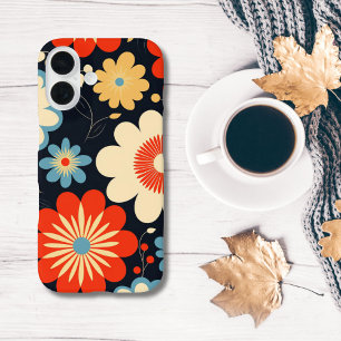 Retro Hippie Flowers Blue Yellow Beige Red iPhone 16 Case