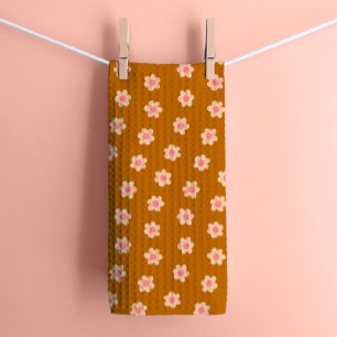 Retro Hippie Flowers on Camel Brown Kitchen Towel