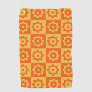 Retro Hippie Flowers on Checkerboard Yellow Orange Golf Towel