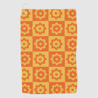 Retro Hippie Flowers on Checkerboard Yellow Orange Golf Towel