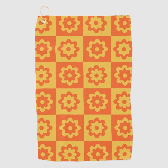 Retro Hippie Flowers on Checkerboard Yellow Orange Golf Towel (Front)