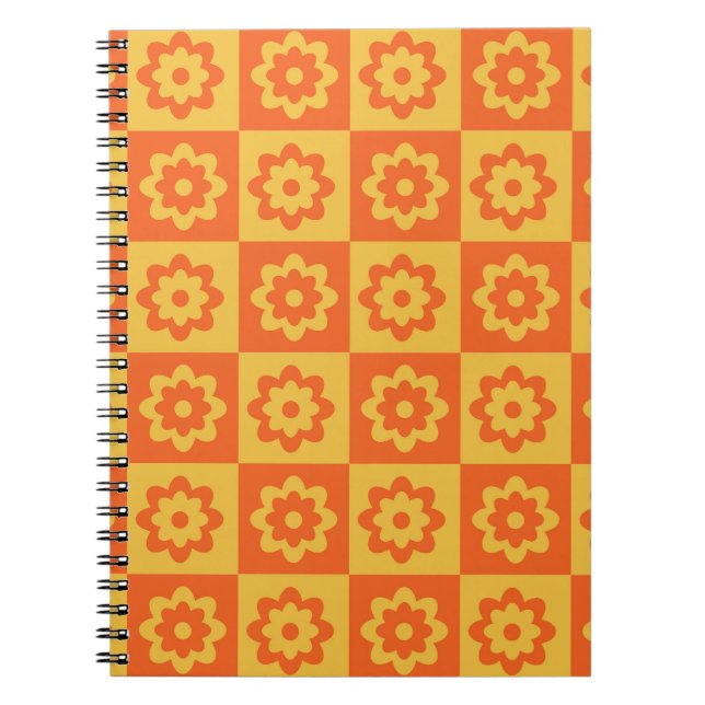 Retro Hippie Flowers on Checkerboard Yellow Orange Notebook (Front)
