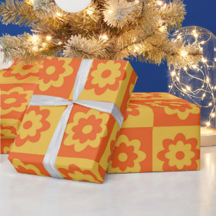Retro Hippie Flowers on Checkerboard Yellow Orange Wrapping Paper