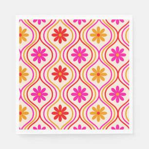 Retro Hippie Flowers on Red Orange Pink Ogee  Napkins