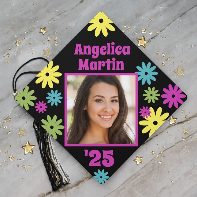 Retro Hippie Flowers Photo Graduation Graduation Cap Topper (Cute and colorful retro, hippie-style graduation photo cap topper)