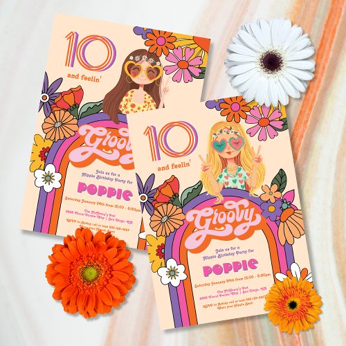 Retro Hippie Girl 70s 60s Groovy Birthday Party Invitation