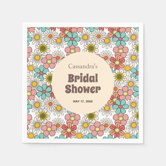 Retro Hippie Groovy Flower Bridal Shower  Napkins (Front)