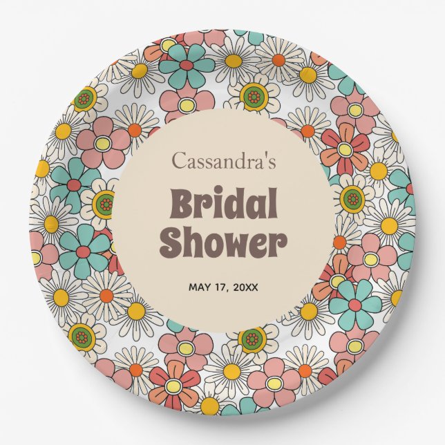 Retro Hippie Groovy Flower Bridal Shower  Paper Plates (Front)