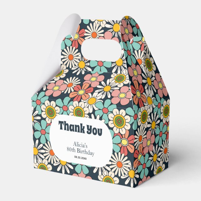Retro Hippie Groovy Flower Hello Eighty Birthday Favor Boxes (Front Side)