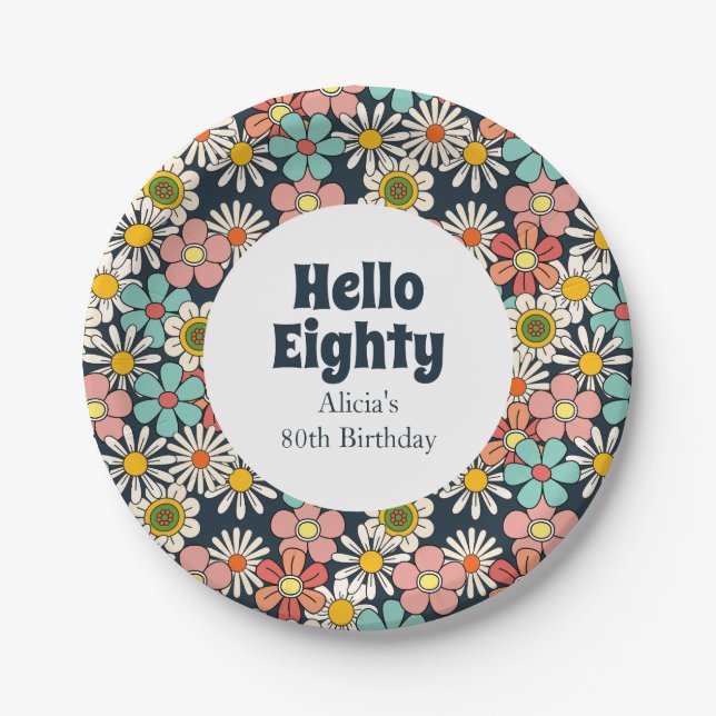 Retro Hippie Groovy Flower Hello Eighty Birthday Paper Plates (Front)