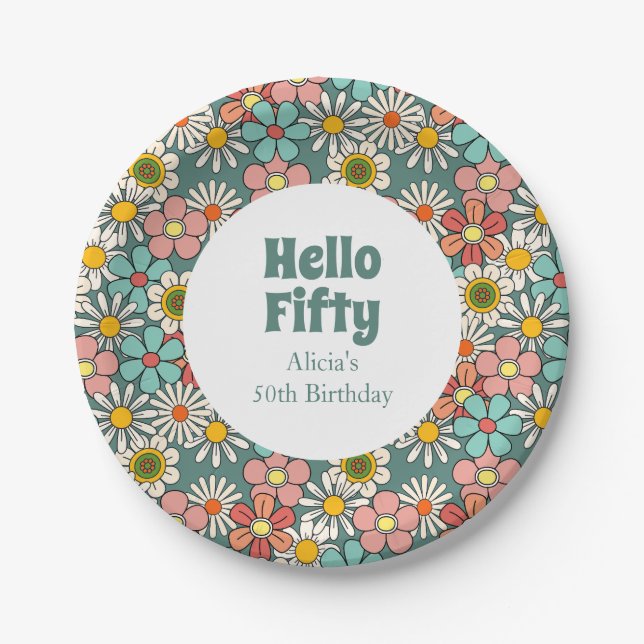 Retro Hippie Groovy Flower Hello Fifty Birthday  Paper Plates (Front)