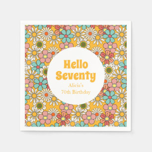 Retro Hippie Groovy Flower Hello Seventy Birthday Napkins