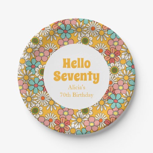 Retro Hippie Groovy Flower Hello Seventy Birthday Paper Plates