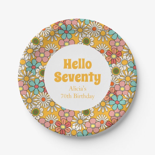 Retro Hippie Groovy Flower Hello Seventy Birthday Paper Plates (Front)