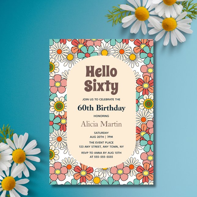 Retro Hippie Groovy Flower Hello Sixty Birthday  Invitation (Creator Uploaded)