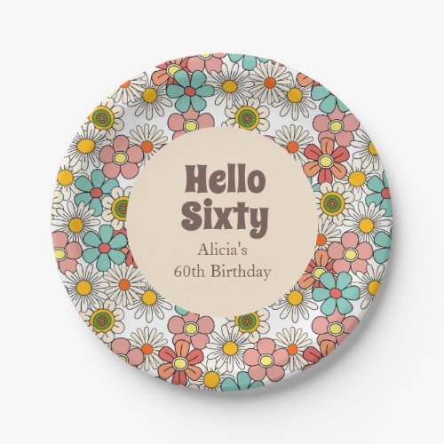 Retro Hippie Groovy Flower Hello Sixty Paper Plate